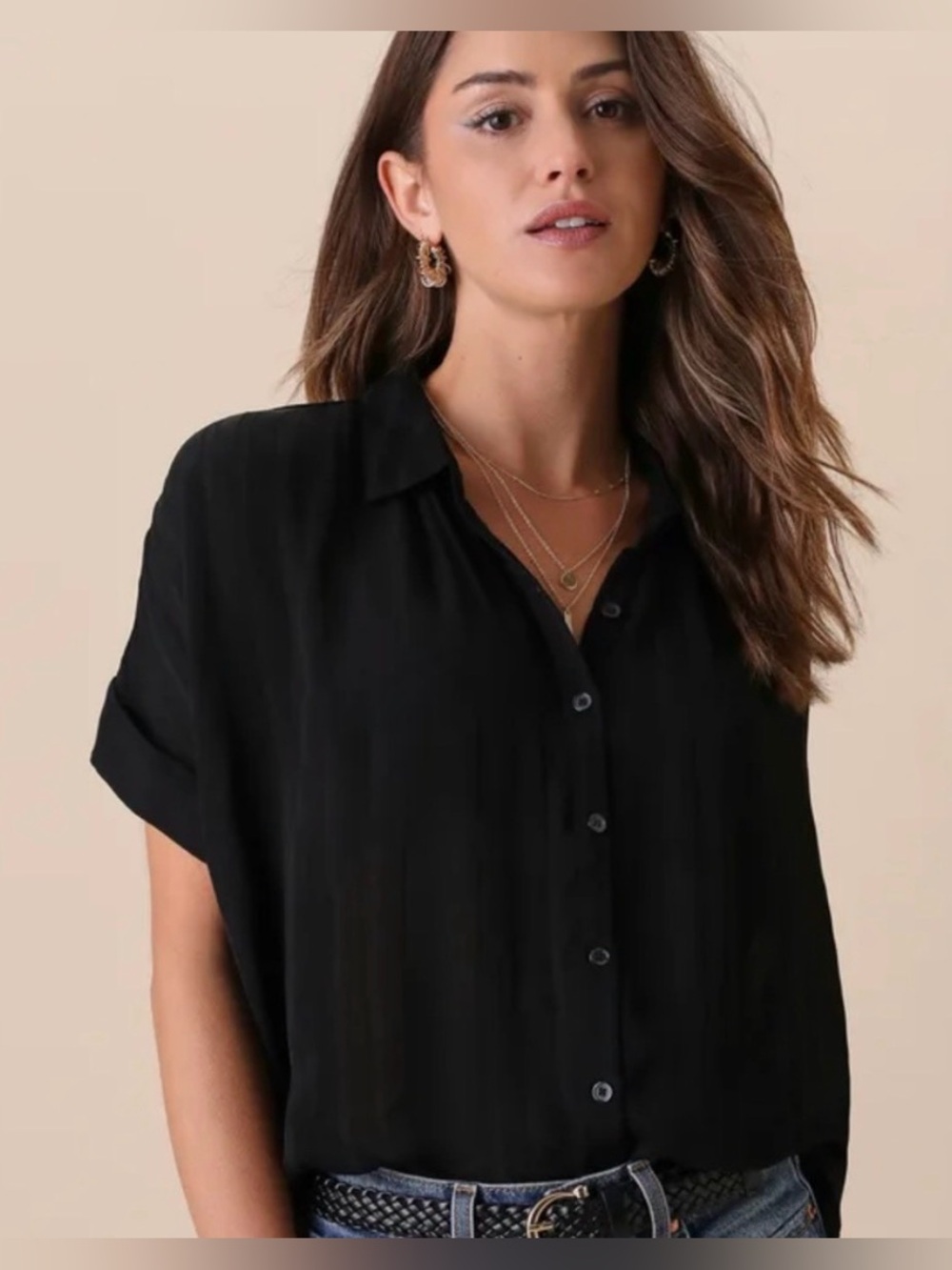 Lulu’s Everlee Black Striped Button Down Top, size L